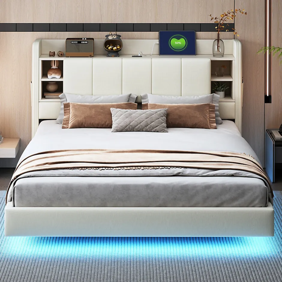 Okwish Lit Double 160x200 cm avec Ports USB, Éclairage LED et Rangement Intégré - Tête de Lit Réversible - Lin Beige, Sans Matelas