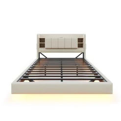 Okwish Lit Double 160x200 cm avec Ports USB, Éclairage LED et Rangement Intégré - Tête de Lit Réversible - Lin Beige, Sans Matelas