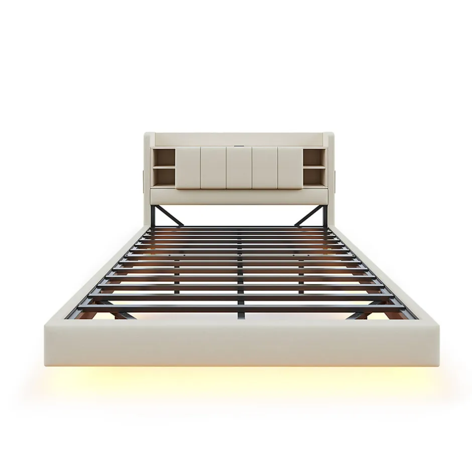 Okwish Lit Double 160x200 cm avec Ports USB, Éclairage LED et Rangement Intégré - Tête de Lit Réversible - Lin Beige, Sans Matelas