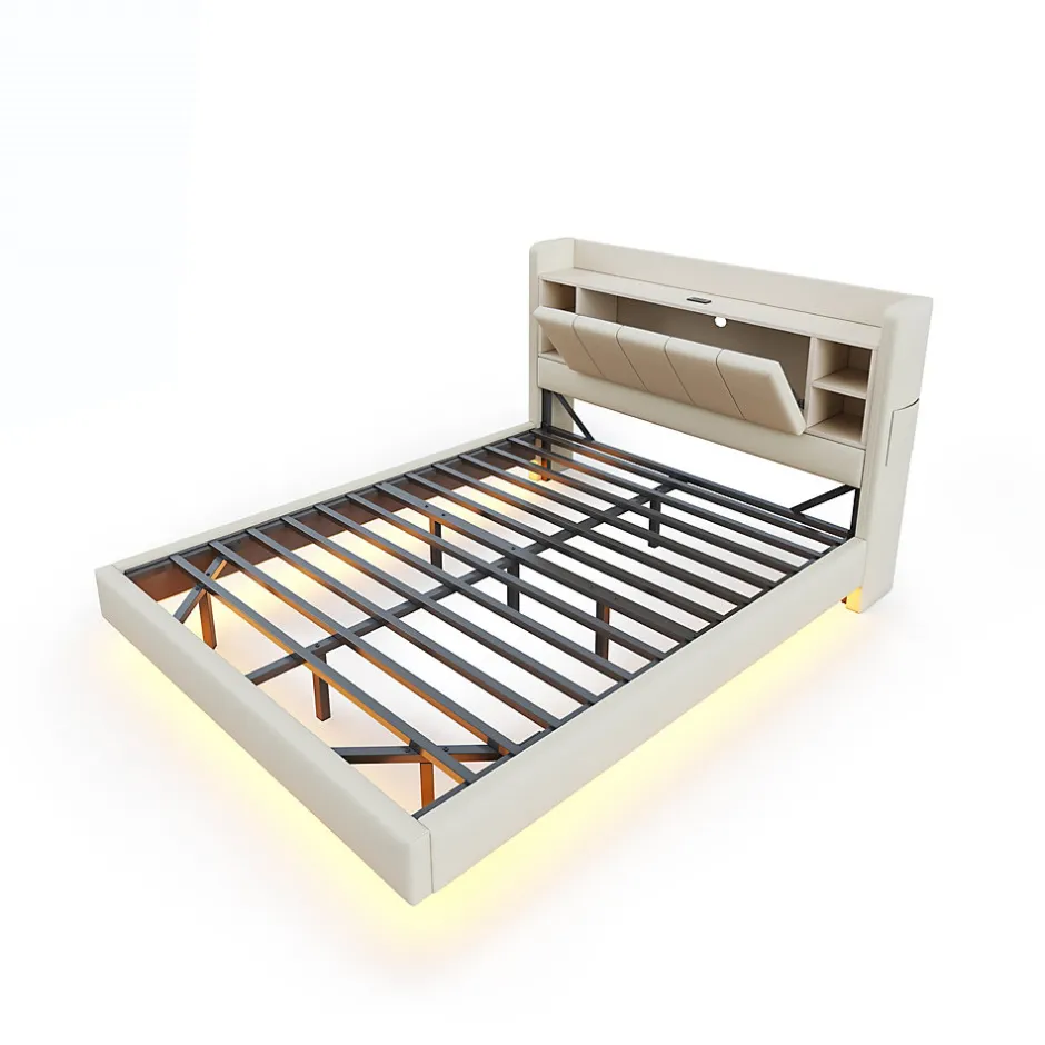 Okwish Lit Double 160x200 cm avec Ports USB, Éclairage LED et Rangement Intégré - Tête de Lit Réversible - Lin Beige, Sans Matelas