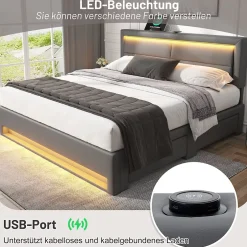 Generique Lit double 140x200 cm avec Rangement - Lit Capitonné PU avec USB et Chargeur Sans Fil Intégré, Éclairage LED - Gris - Sans Matelas Sale