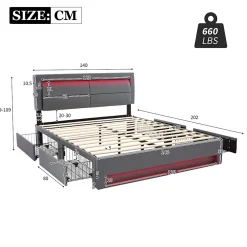 Generique Lit double 140x200 cm avec Rangement - Lit Capitonné PU avec USB et Chargeur Sans Fil Intégré, Éclairage LED - Gris - Sans Matelas Sale