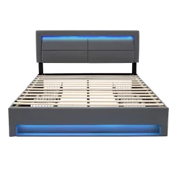 Generique Lit double 140x200 cm avec Rangement - Lit Capitonné PU avec USB et Chargeur Sans Fil Intégré, Éclairage LED - Gris - Sans Matelas Sale