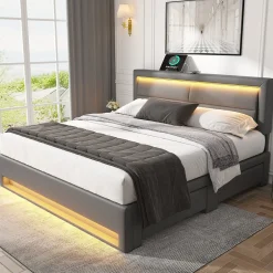 Generique Lit double 140x200 cm avec Rangement - Lit Capitonné PU avec USB et Chargeur Sans Fil Intégré, Éclairage LED - Gris - Sans Matelas Sale