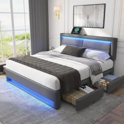 Generique Lit double 140x200 cm avec Rangement - Lit Capitonné PU avec USB et Chargeur Sans Fil Intégré, Éclairage LED - Gris - Sans Matelas Sale