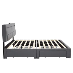 Generique Lit double 140x200 cm avec Rangement - Lit Capitonné PU avec USB et Chargeur Sans Fil Intégré, Éclairage LED - Gris - Sans Matelas Sale