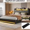 Simple Life Lit Double 140x200 Cm Avec Rangement Et Port De Charge, Éclairage Par Bande Lumineuse, Noir Outlet