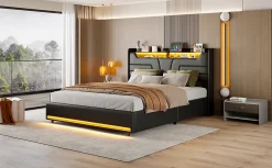 Simple Life Lit Double 140x200 Cm Avec Rangement Et Port De Charge, Éclairage Par Bande Lumineuse, Noir Outlet