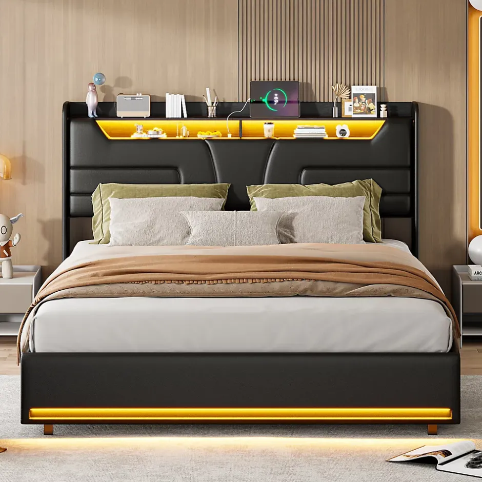Simple Life Lit Double 140x200 Cm Avec Rangement Et Port De Charge, Éclairage Par Bande Lumineuse, Noir Outlet