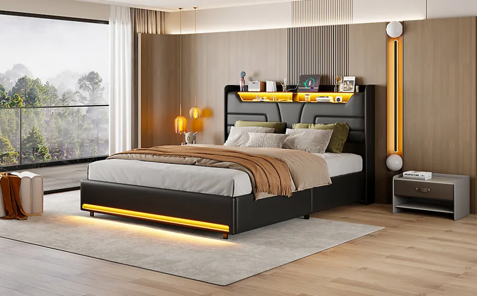 Simple Life Lit Double 140x200 Cm Avec Rangement Et Port De Charge, Éclairage Par Bande Lumineuse, Noir
