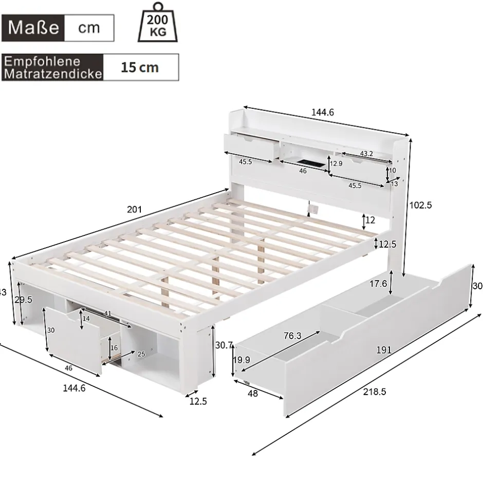 Okwish Lit double 140x200 cm avec tiroirs, armoire latérale et port USB, structure pin et contreplaqué blanc, sans matelas New