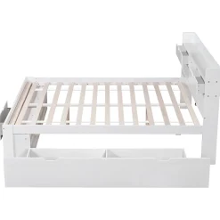 Okwish Lit double 140x200 cm avec tiroirs, armoire latérale et port USB, structure pin et contreplaqué blanc, sans matelas New