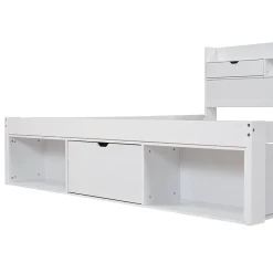 Okwish Lit double 140x200 cm avec tiroirs, armoire latérale et port USB, structure pin et contreplaqué blanc, sans matelas New