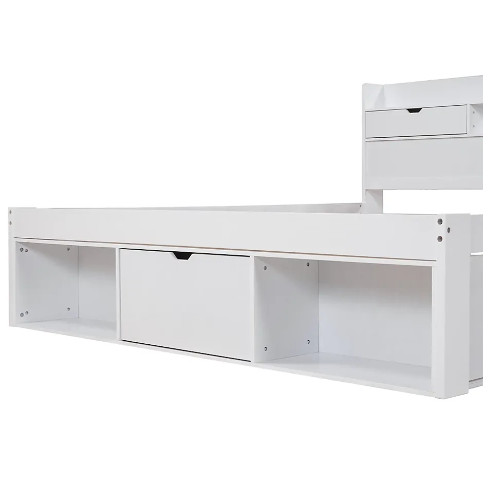 Okwish Lit double 140x200 cm avec tiroirs, armoire latérale et port USB, structure pin et contreplaqué blanc, sans matelas New