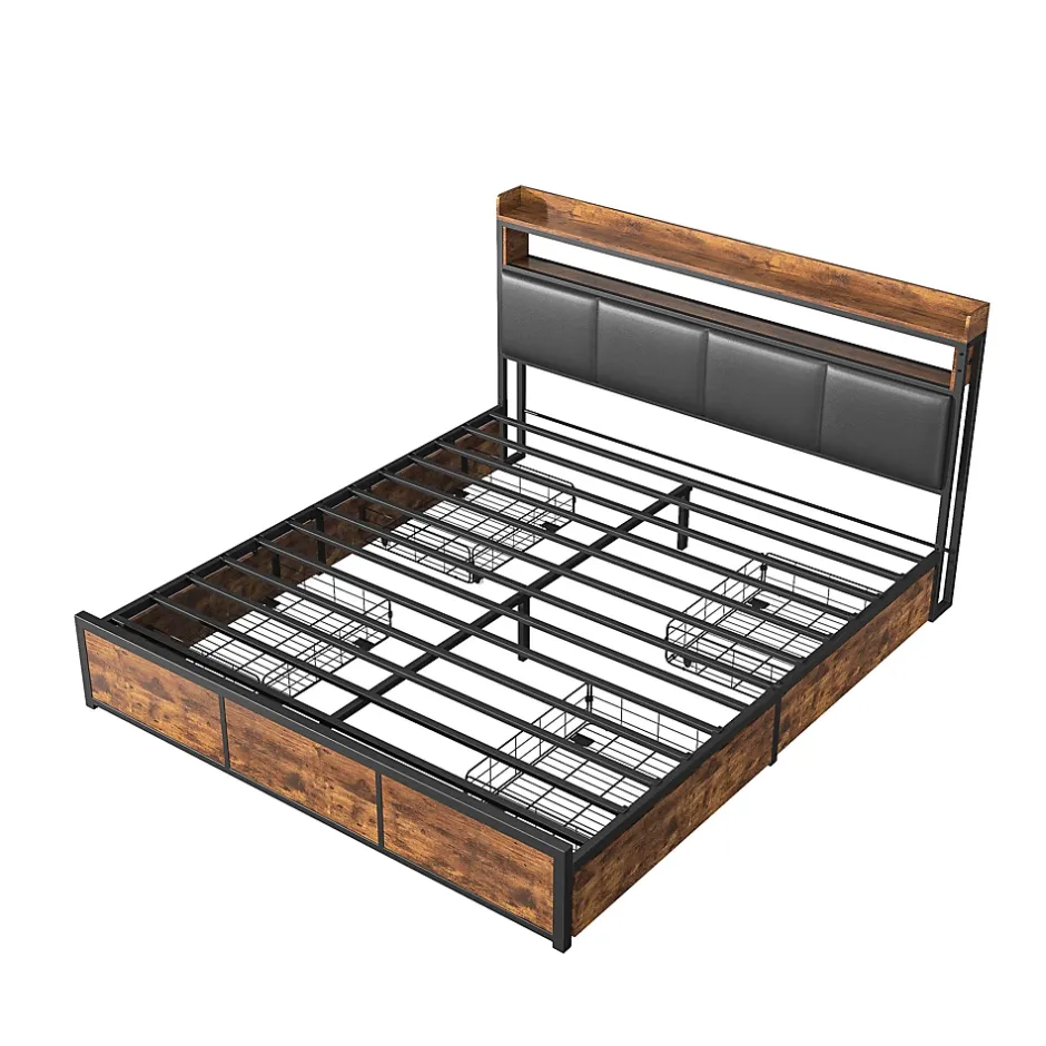 Generique Lit double 140x200 cm avec tiroirs, LED, tête de lit avec rangement, cadre en métal, noir mat New