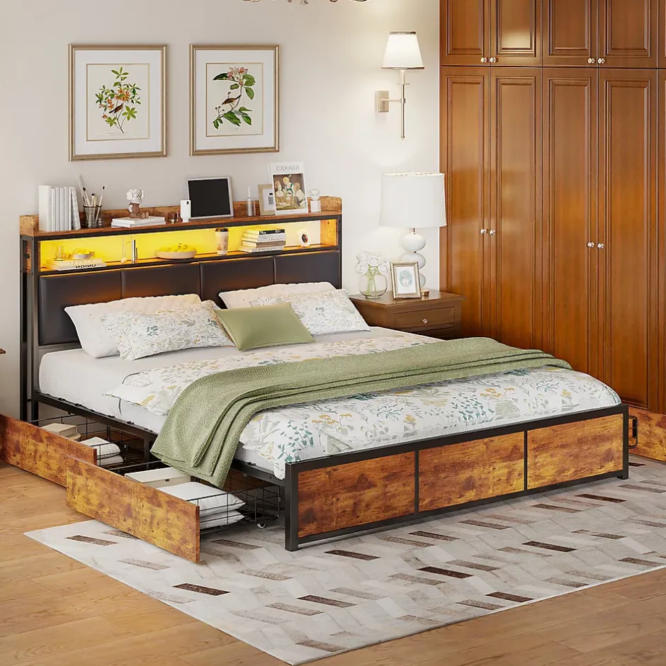 Generique Lit double 140x200 cm avec tiroirs, LED, tête de lit avec rangement, cadre en métal, noir mat New