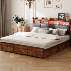 Generique Lit double 140x200 cm avec tiroirs, LED, tête de lit avec rangement, cadre en métal, noir mat New