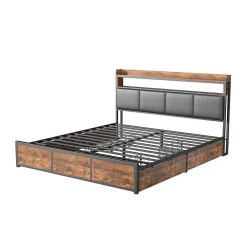 Generique Lit double 140x200 cm avec tiroirs, LED, tête de lit avec rangement, cadre en métal, noir mat New