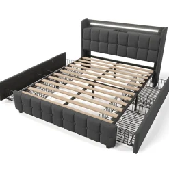 Generique Lit double 160x200 cm avec tête de lit LED, ports USB, 4 tiroirs et sommier à lattes en bois, gris Online