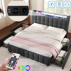 Generique Lit double 160x200 cm avec tête de lit LED, ports USB, 4 tiroirs et sommier à lattes en bois, gris Online