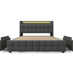 Generique Lit double 160x200 cm avec tête de lit LED, ports USB, 4 tiroirs et sommier à lattes en bois, gris Online