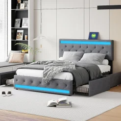 Generique Lit double 180x200 cm avec tête de lit LED réglable, USB et Type-C, 4 tiroirs, sommier à lattes, structure en métal - Gris