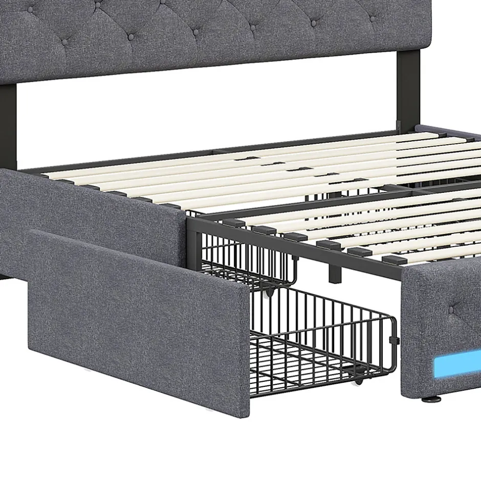 Generique Lit double 180x200 cm avec tête de lit LED réglable, USB et Type-C, 4 tiroirs, sommier à lattes, structure en métal - Gris