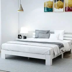 Okwish Lit Double 140x200 cm avec Tête de Lit, Cadre en Bois de Pin Massif et Sommier Intégré - Blanc, Sans Matelas