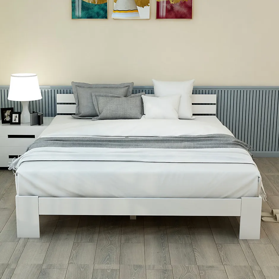 Okwish Lit Double 140x200 cm avec Tête de Lit, Cadre en Bois de Pin Massif et Sommier Intégré - Blanc, Sans Matelas