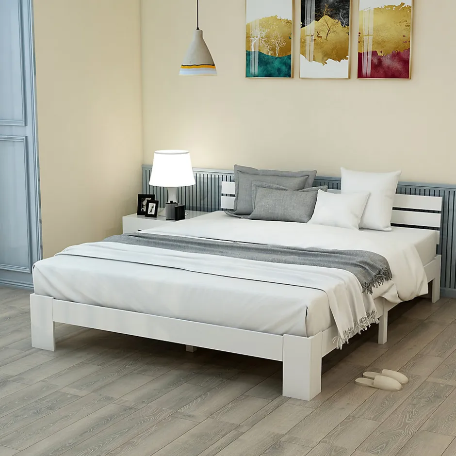 Okwish Lit Double 140x200 cm avec Tête de Lit, Cadre en Bois de Pin Massif et Sommier Intégré - Blanc, Sans Matelas