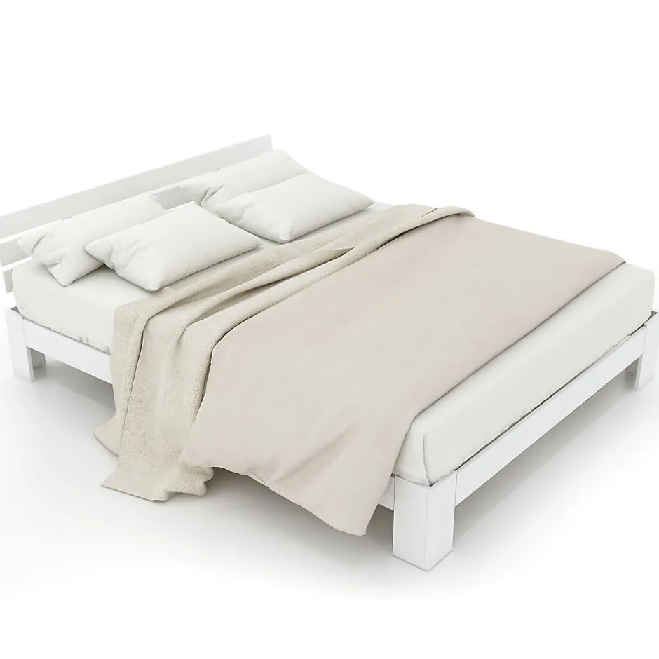Okwish Lit Double 140x200 cm avec Tête de Lit, Cadre en Bois de Pin Massif et Sommier Intégré - Blanc, Sans Matelas