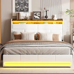 Generique Lit double 140x200 cm avec tête de lit rembourrée, LED, ports USB Type-C, rangement intégré et sommier à lattes