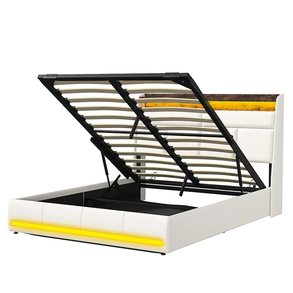 Generique Lit double 140x200 cm avec tête de lit rembourrée, LED, ports USB Type-C, rangement intégré et sommier à lattes