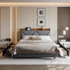 ProximaX Lit double 140x200 cm avec tête de lit, Lit rembourré avec rangements cachés, lit coffre avec ports USB/Type-C et 4 tiroirs, Gris Clearance