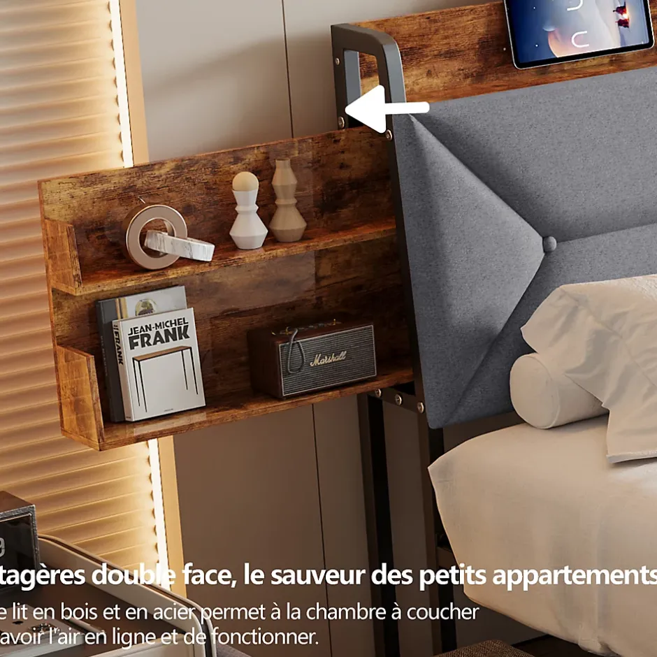 ProximaX Lit double 140x200 cm avec tête de lit, Lit rembourré avec rangements cachés, lit coffre avec ports USB/Type-C et 4 tiroirs, Gris Clearance