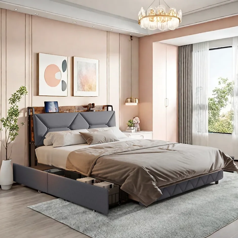ProximaX Lit double 140x200 cm avec tête de lit, Lit rembourré avec rangements cachés, lit coffre avec ports USB/Type-C et 4 tiroirs, Gris Clearance