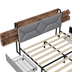 ProximaX Lit double 140x200 cm avec tête de lit, Lit rembourré avec rangements cachés, lit coffre avec ports USB/Type-C et 4 tiroirs, Gris Clearance