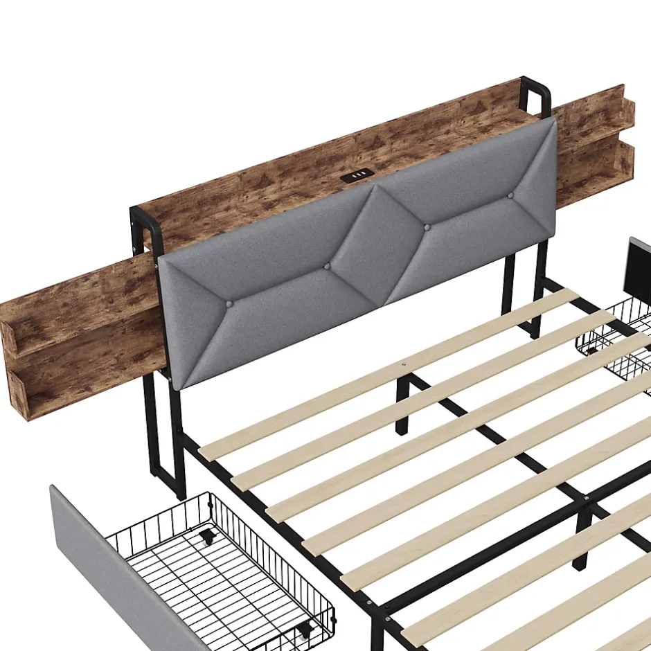 ProximaX Lit double 140x200 cm avec tête de lit, Lit rembourré avec rangements cachés, lit coffre avec ports USB/Type-C et 4 tiroirs, Gris Clearance