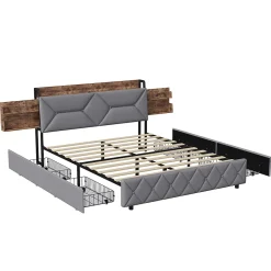 ProximaX Lit double 140x200 cm avec tête de lit, Lit rembourré avec rangements cachés, lit coffre avec ports USB/Type-C et 4 tiroirs, Gris Clearance