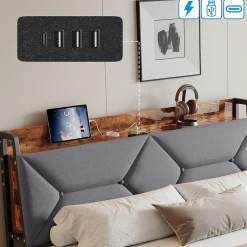 ProximaX Lit double 140x200 cm avec tête de lit, Lit rembourré avec rangements cachés, lit coffre avec ports USB/Type-C et 4 tiroirs, Gris Clearance