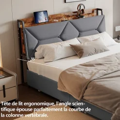 ProximaX Lit double 140x200 cm avec tête de lit, Lit rembourré avec rangements cachés, lit coffre avec ports USB/Type-C et 4 tiroirs, Gris Clearance