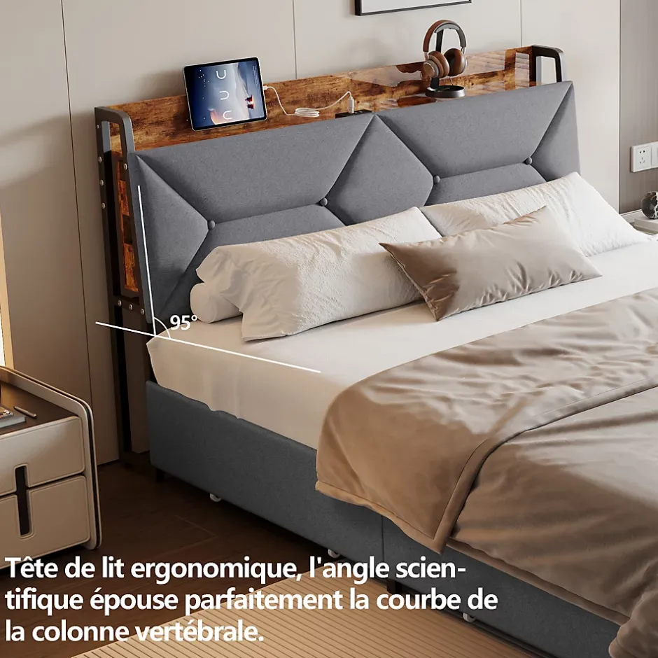 ProximaX Lit double 140x200 cm avec tête de lit, Lit rembourré avec rangements cachés, lit coffre avec ports USB/Type-C et 4 tiroirs, Gris Clearance