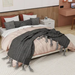 Okwish Lit Double 160x200 cm Bas Moderne pour Adulte/Ado avec Structure Stable, Sans Tête de Lit, Sans Matelas, Velours Hollandais Beige