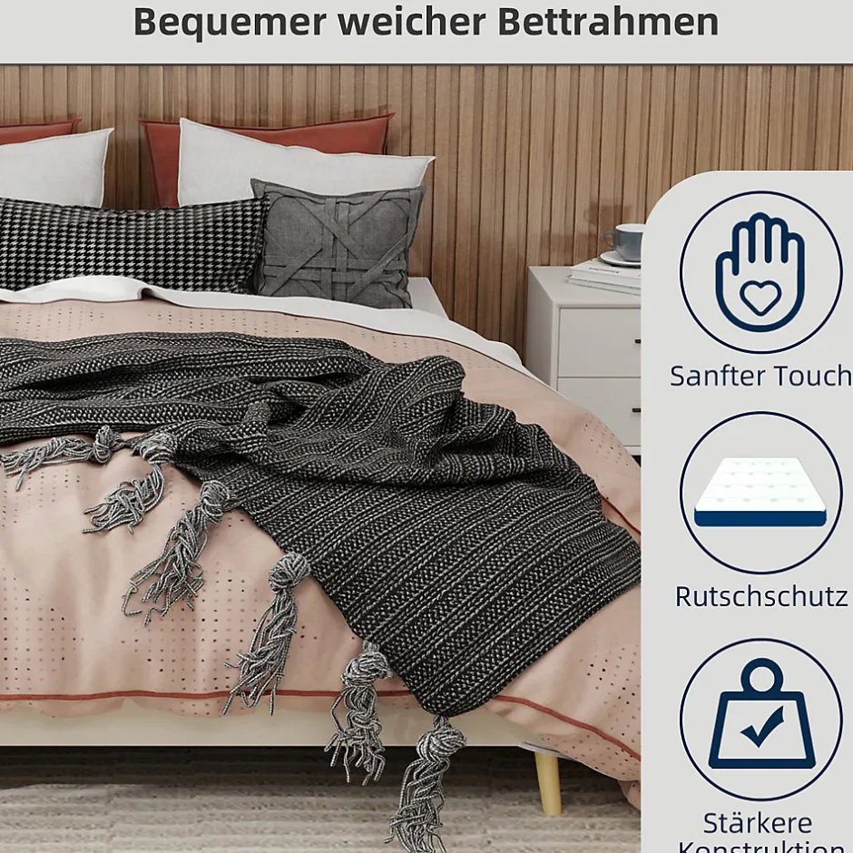 Okwish Lit Double 160x200 cm Bas Moderne pour Adulte/Ado avec Structure Stable, Sans Tête de Lit, Sans Matelas, Velours Hollandais Beige