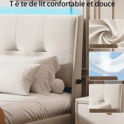 ProximaX Lit double 160x200 cm beige avec tête de lit rembourrée, LED intégré, rangement sous sommier et design minimaliste Discount