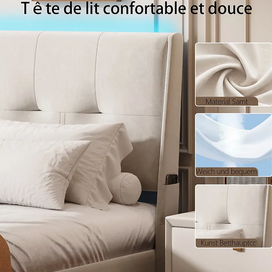 ProximaX Lit double 160x200 cm beige avec tête de lit rembourrée, LED intégré, rangement sous sommier et design minimaliste Discount