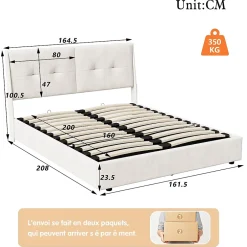 ProximaX Lit double 160x200 cm beige avec tête de lit rembourrée, LED intégré, rangement sous sommier et design minimaliste Discount