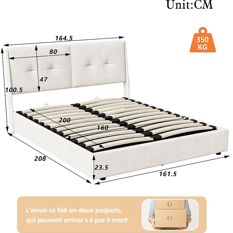 ProximaX Lit double 160x200 cm beige avec tête de lit rembourrée, LED intégré, rangement sous sommier et design minimaliste Discount