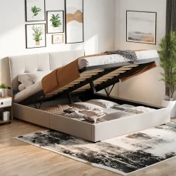 ProximaX Lit double 160x200 cm beige avec tête de lit rembourrée, LED intégré, rangement sous sommier et design minimaliste Discount