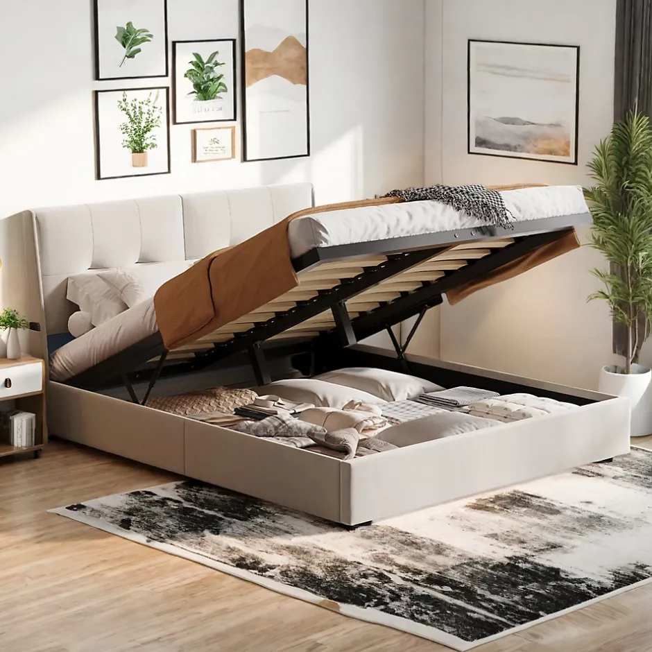 ProximaX Lit double 160x200 cm beige avec tête de lit rembourrée, LED intégré, rangement sous sommier et design minimaliste Discount